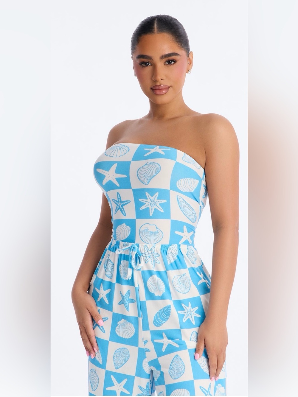 Strapless Seashell Print Wide-Leg Swimsuit Coverup - Blue & White NWT🐚 - Picture 2 of 4